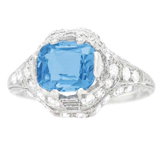 #17723 - Art Deco Aquamarine and Diamond Ring Platinum
