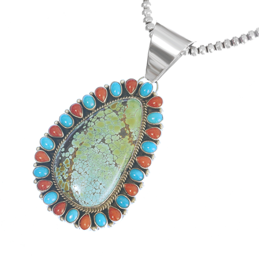 Large Turquoise and Coral Pendant Necklace Sterling c2000s Navajo
