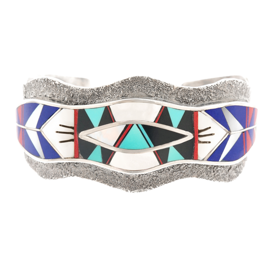 Zuni Modernist Inlaid Stone Cuff Bracelet Sterling c1970s