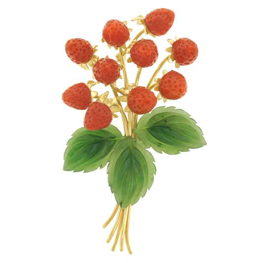 Spectacular Art Deco Period Jade and Coral-set Strawberry Brooch