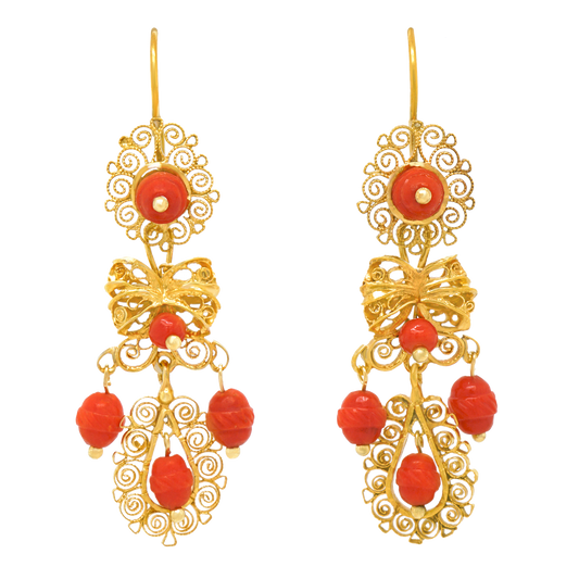 #22847 - Antique Handmade Filigree Coral Earrings 15k c1880s