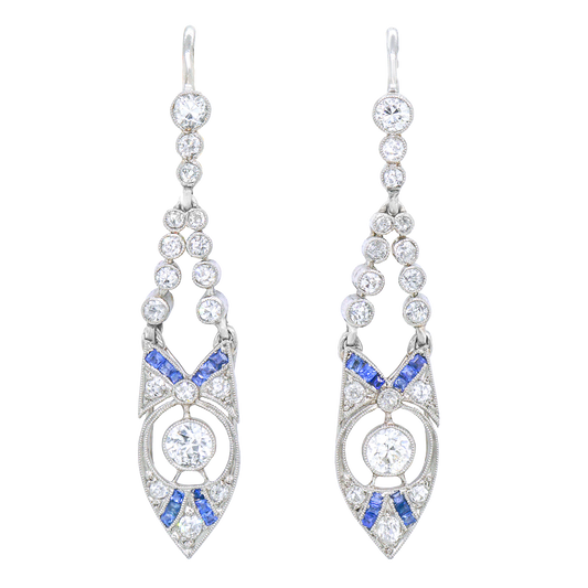 Art Deco Diamond & Sapphire-Set Earrings C1920S French