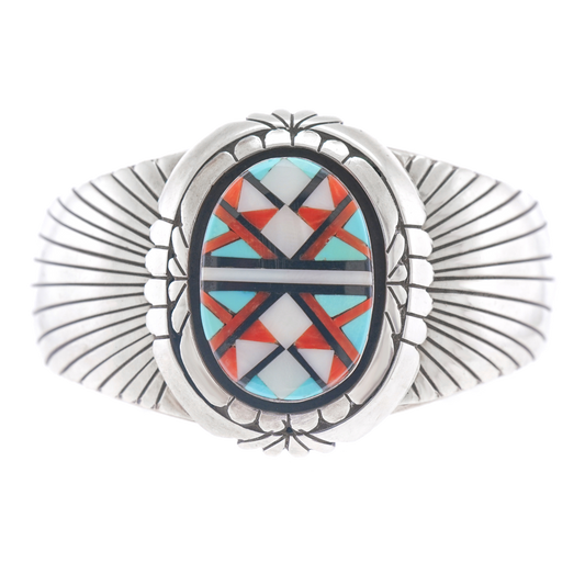 Navajo Inlaid Sterling Cuff Bracelet by Abraham Begay c1980s