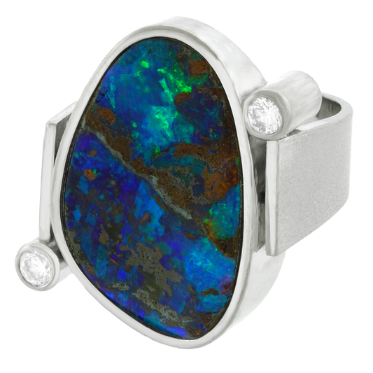 Modernist 18k Opal and Diamond Ring