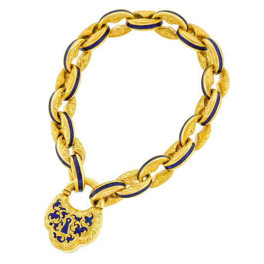 #24506 - Antique Enameled Lock-locket Gold Bracelet c1870s