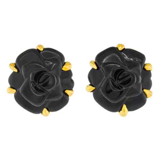 #25042 - Chanel Onyx Camellia Earrings 18k France c2010