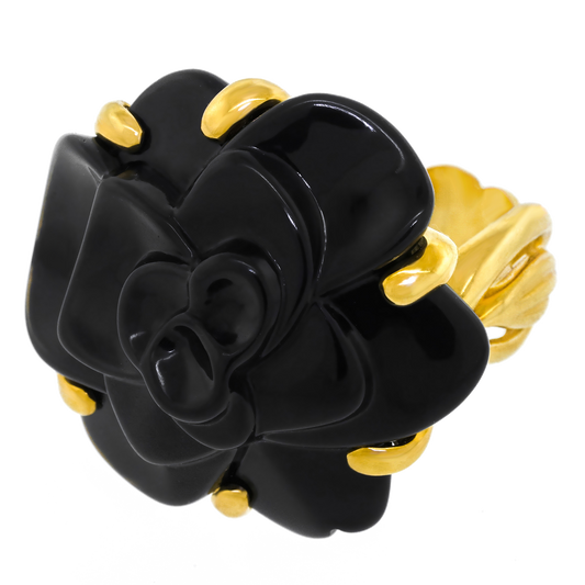 #24521 - Chanel Onyx and Gold Camellia Ring 18k