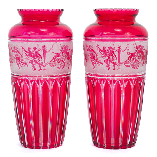 #24782 - Val St Lambert Rare Pair of Cranberry Cameo Glass Vases
