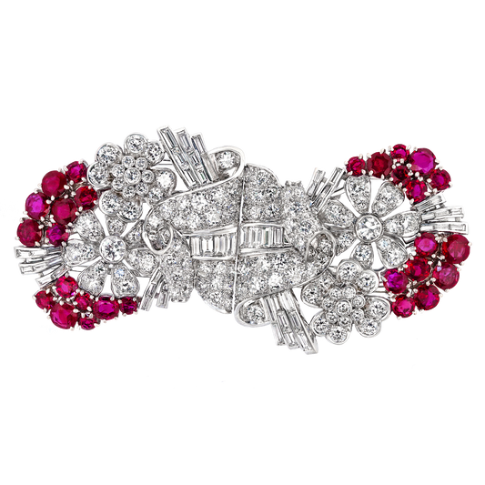 #25048 - Art Deco Diamond and Ruby Double Clip Brooch