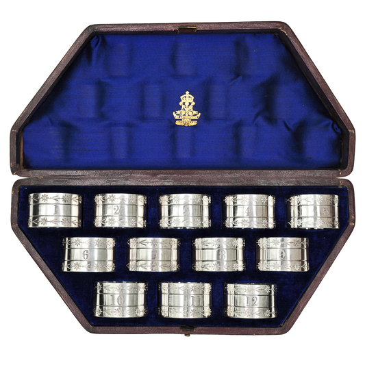 #25049 - 12 Elkington & Co. Silverplate Napkin Rings c1849 Boxed