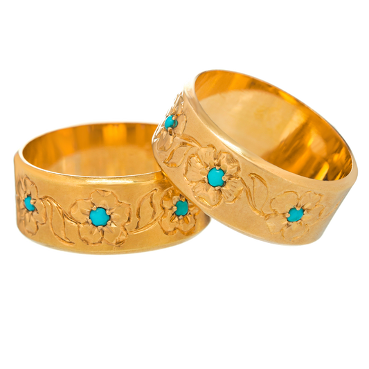 #25633 - Pair of French 18k Gold and Turquoise Foliate Rings