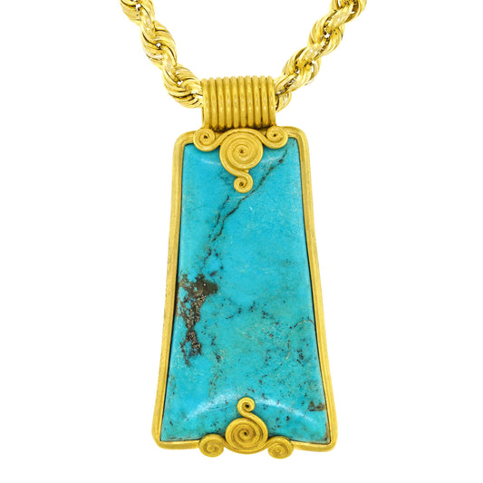 Seventies Archaic Motif Turquoise-set Gold Pendant