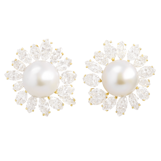 Spectacular Diamond & Pearl Earrings 18k c1960s Swiss