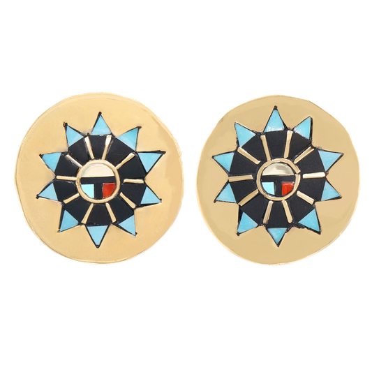 Zuni Sunface Stone Inlay Gold Earrings