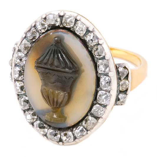 Georgian Diamond and Carved Agate Gold Memorial Ring