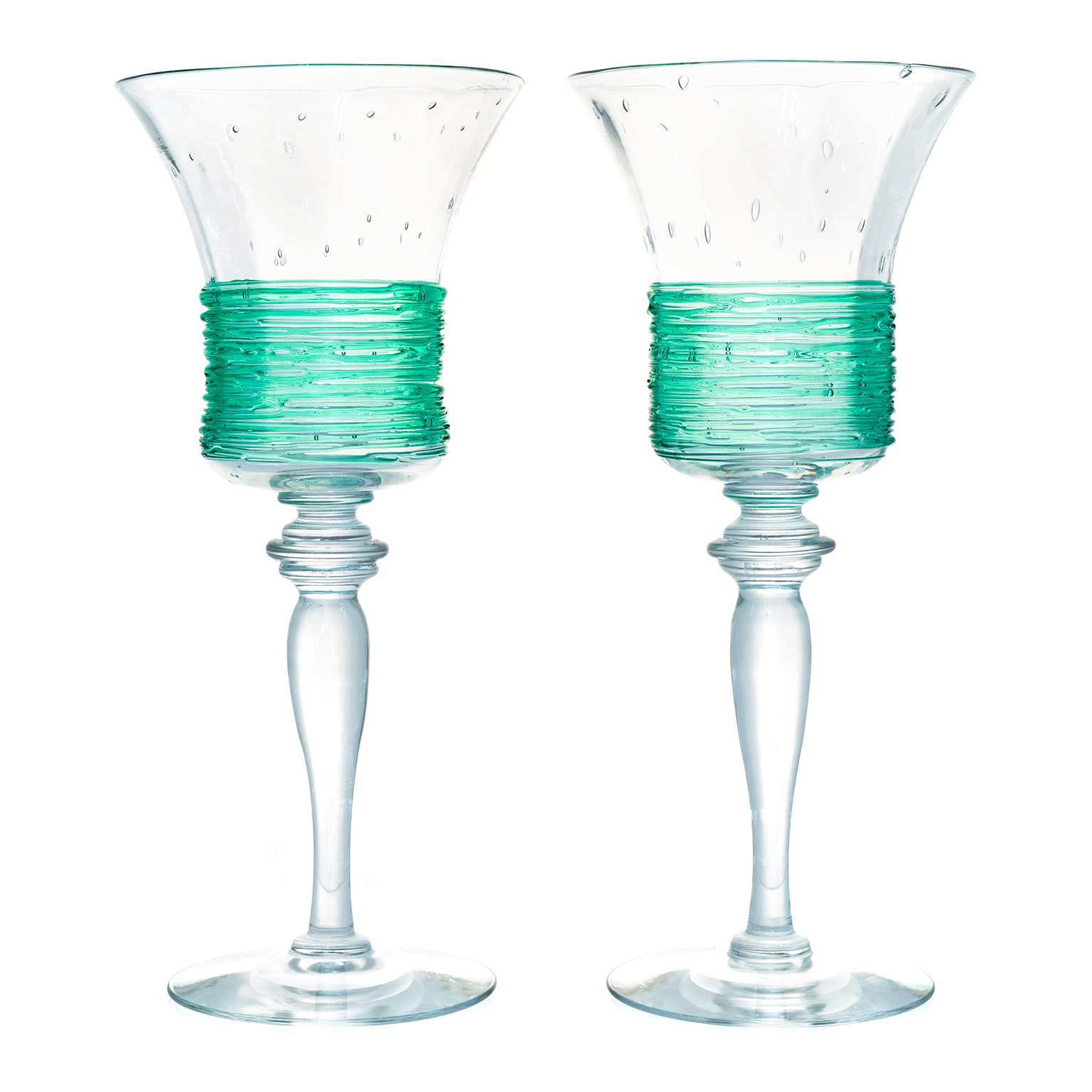 12 Rare Fry Glass Green Thread Water Goblets