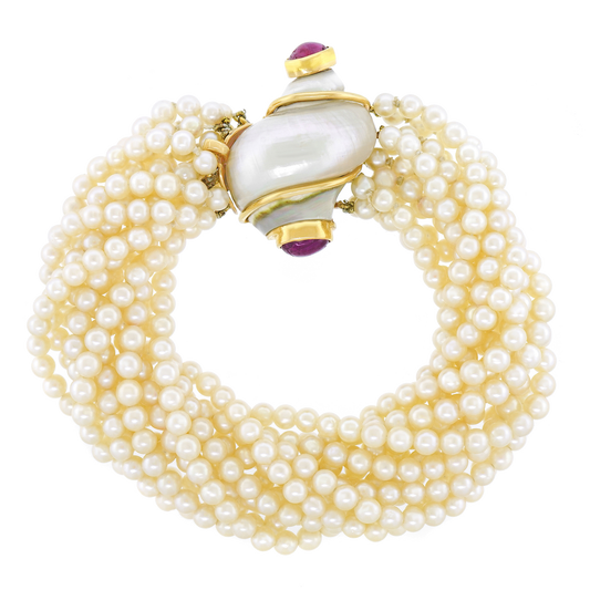 Seaman Schepps Pearl Bracelet with Ruby-set Turbo Shell Catch