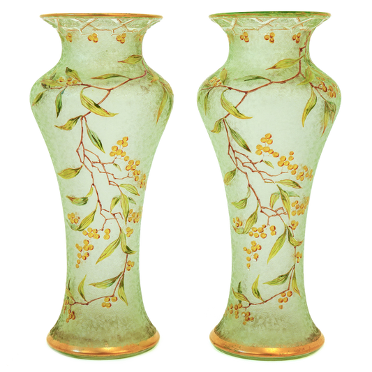 #24783 - Pair of Antique Baccarat Green Cameo Vases