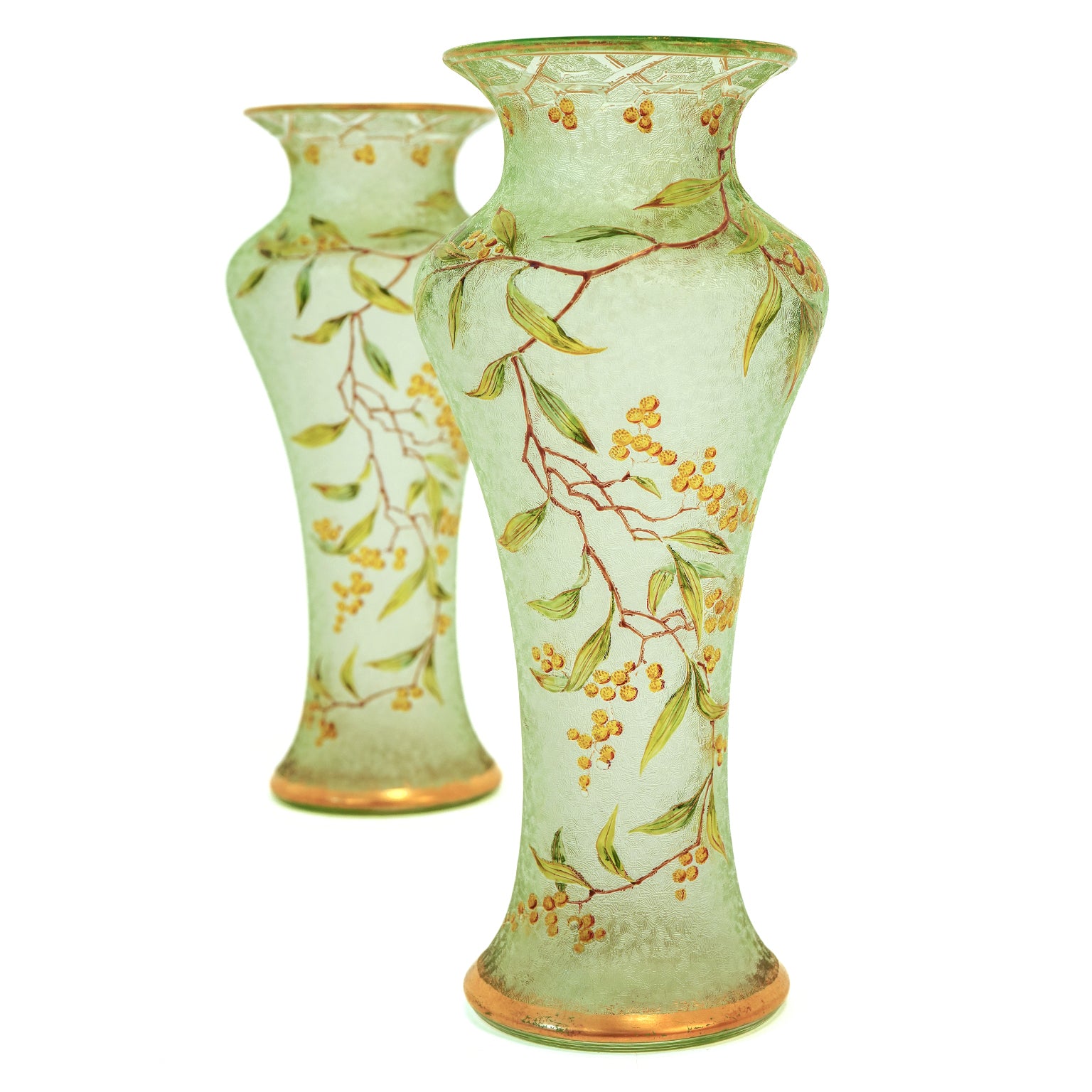 24783 - Pair of Antique Baccarat Green Cameo Vases