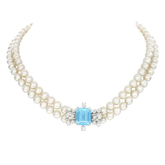 Pearl Necklace with Fine Aquamarine and Diamond Decoration