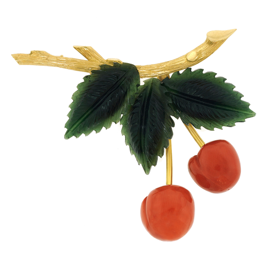 #26653 - Coral & Jade Cherries Brooch