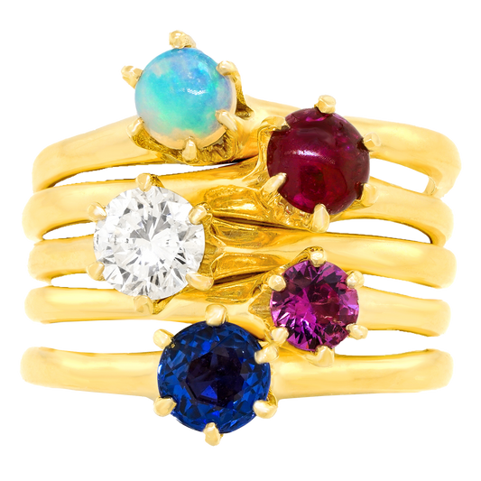 #27183 - Five Sixties Stacking Rings Diamond Sapphire Ruby Opal Pink Sapphire
