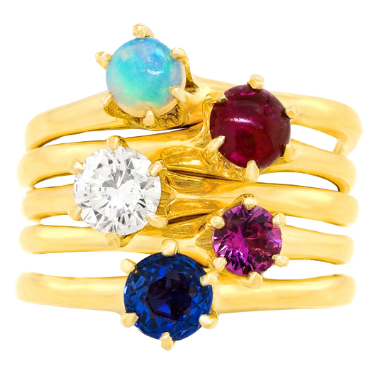 #27183 - Five Sixties Stacking Rings Diamond Sapphire Ruby Opal Pink Sapphire