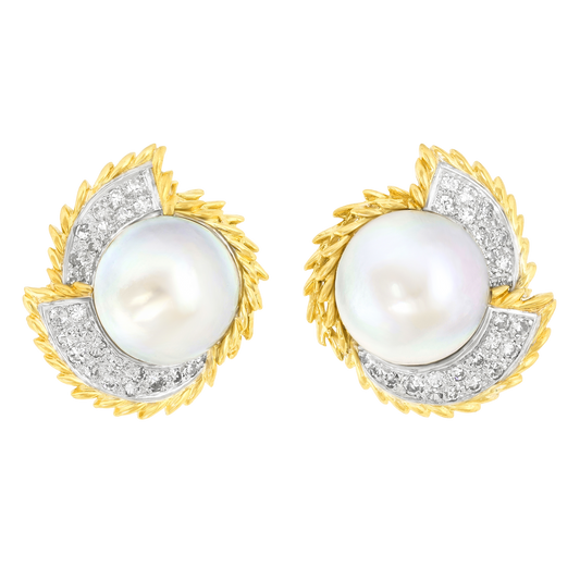 #27309 - Retro Seventies Mabe Pearl and Diamond Earrings