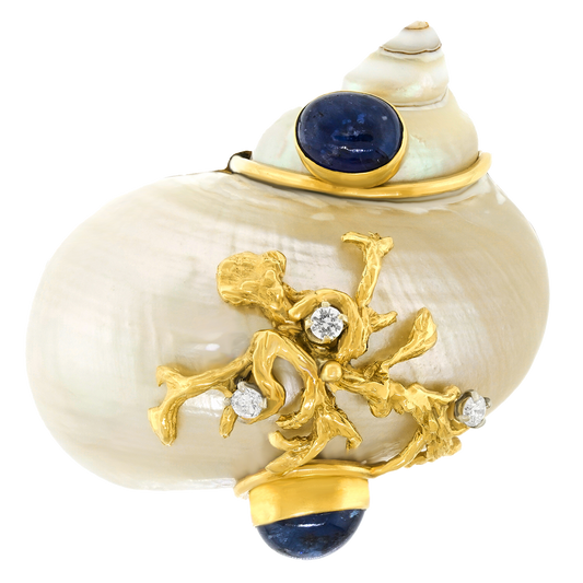 #27317 -  Rare Large Seventies Seaman Schepps Brooch Mounted with Gold and Sapphires