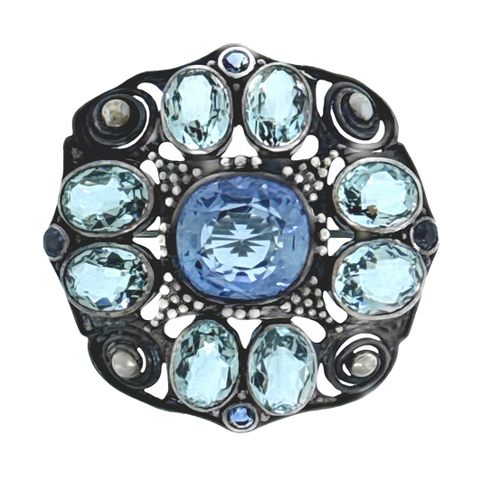 #27484 - Josephine Hartwell Shaw Sapphire and Aquamarine Arts and Crafts Brooch