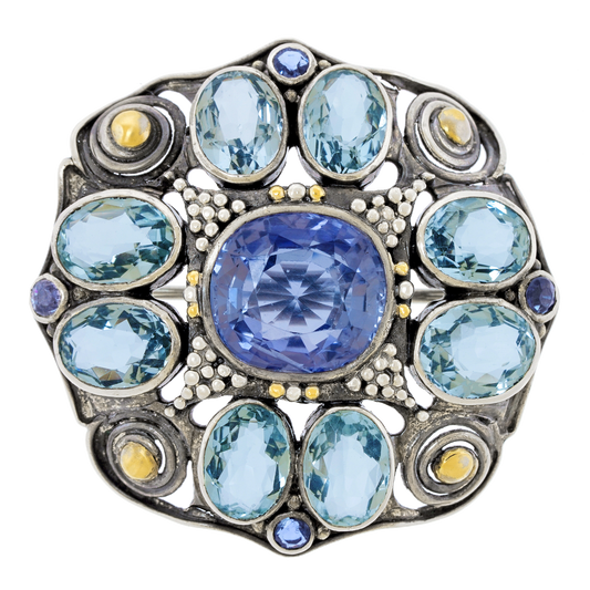 #27484 - Josephine Hartwell Shaw Sapphire and Aquamarine Arts and Crafts Brooch