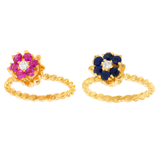 #27706 - Pair of Flower Motif Sapphire Ruby and Diamond Rings