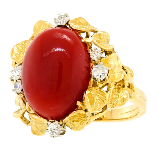 #27872 - Red Coral and Diamond Sixties Ring