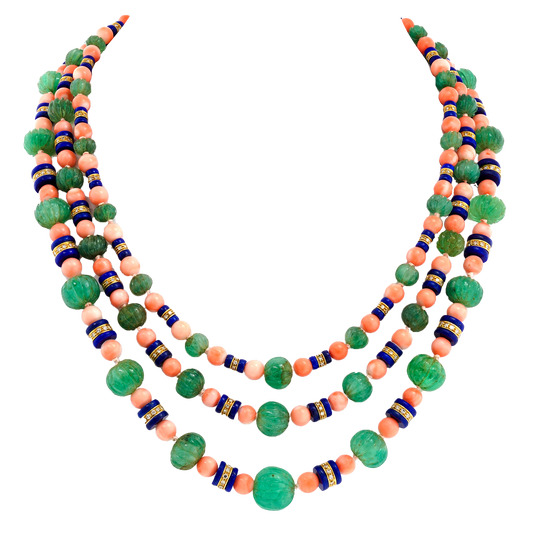 #27971 - Spectacular Carved Emerald Coral Lapis and Diamond Necklace