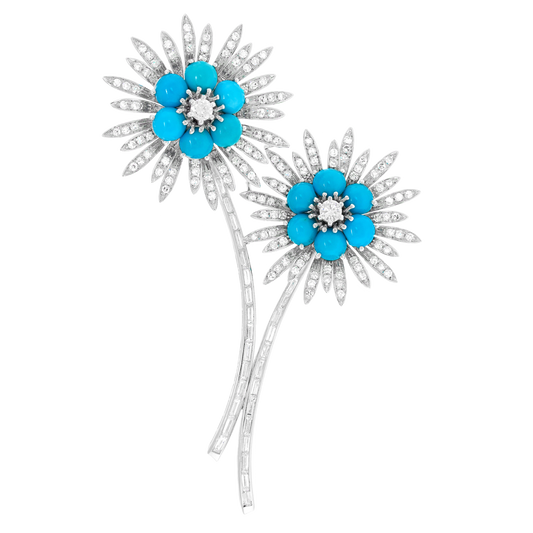 #27975 - Art Deco Turquoise and Diamond Flower Brooch